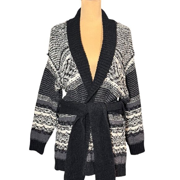 Free People Cozy Cabin CardiganSweater Sz S Black White Oversized Nordic - Picture 1 of 13